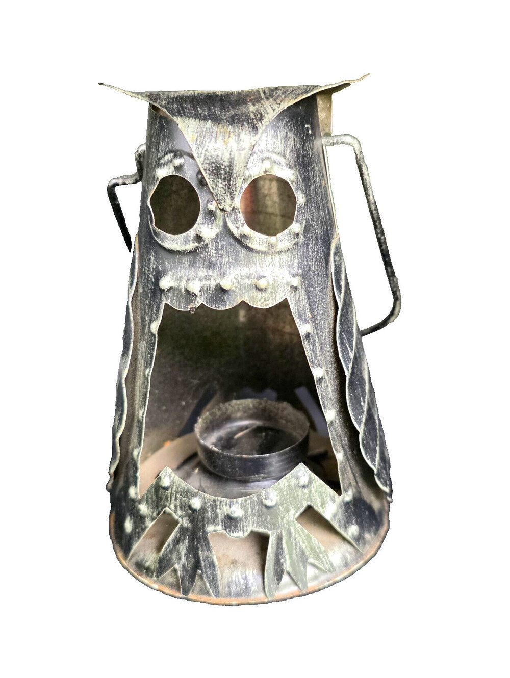 Metal Owl Tea Light Candle Holder w/ Handle, Silver Metallic Finish, Halloween